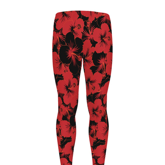 Black And Red Hibiscus Pattern Print Men's leggings