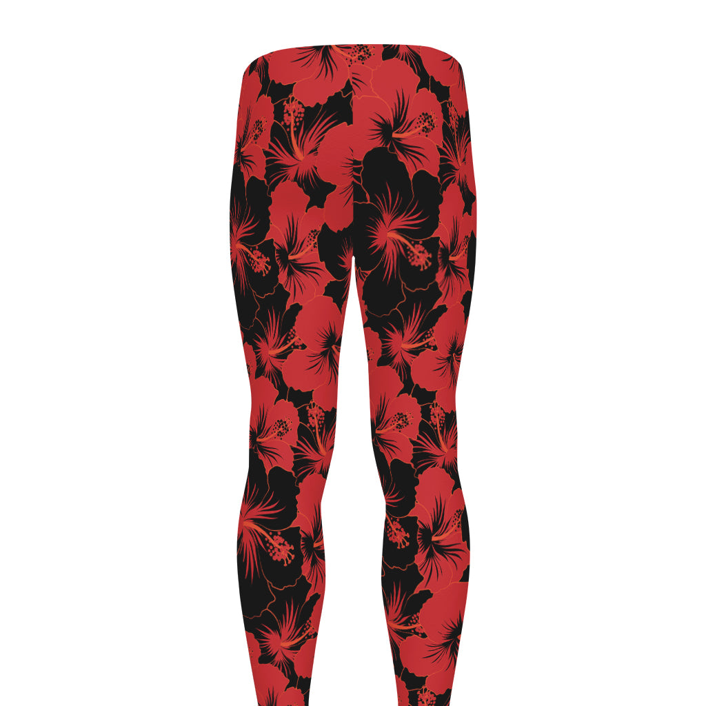 Black And Red Hibiscus Pattern Print Men's leggings