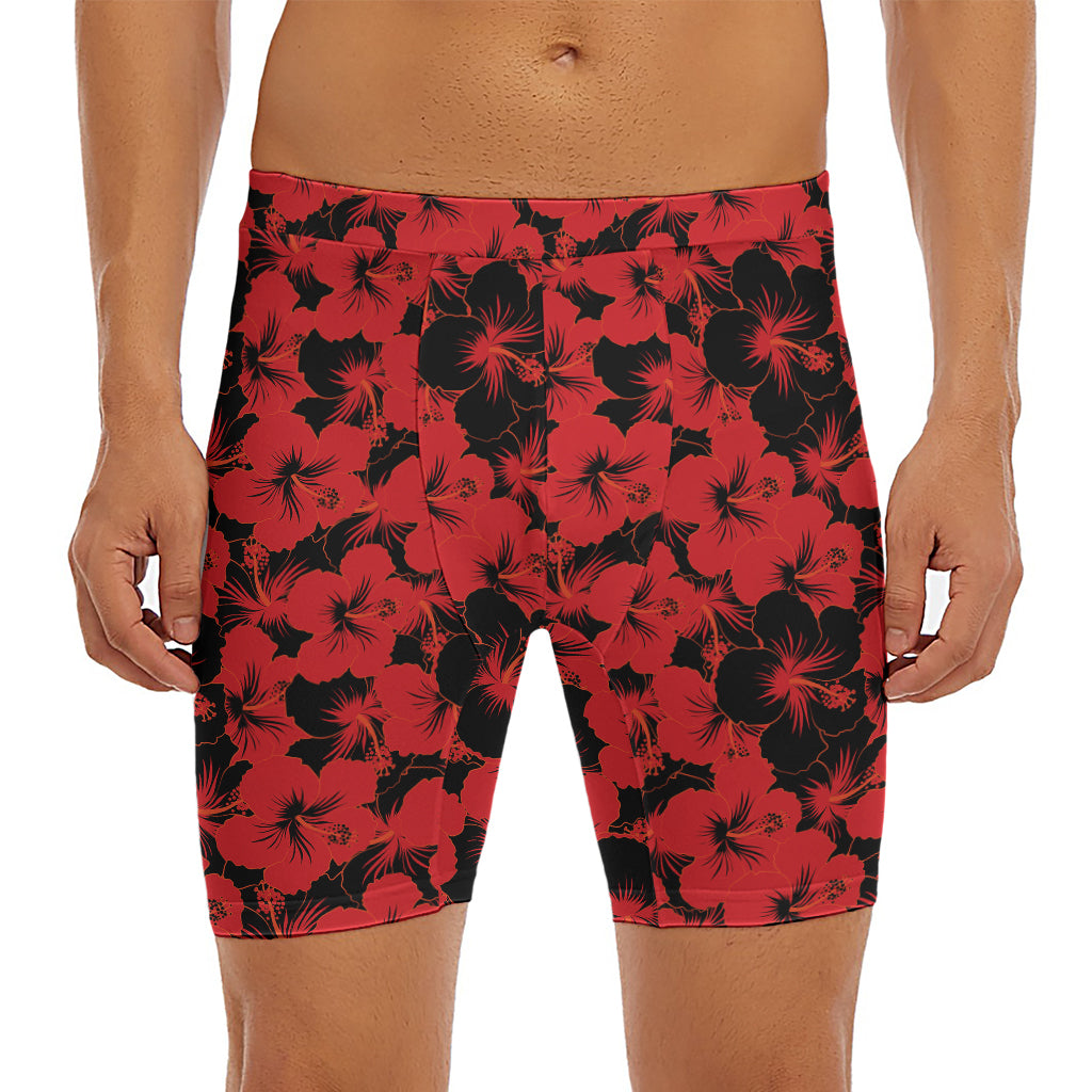 Black And Red Hibiscus Pattern Print Men's Long Boxer Briefs