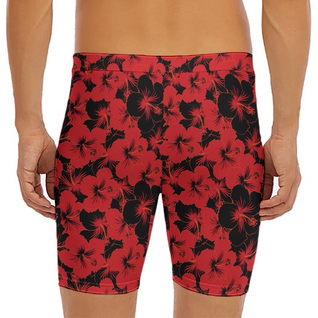 Black And Red Hibiscus Pattern Print Men's Long Boxer Briefs