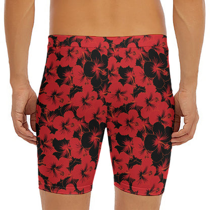 Black And Red Hibiscus Pattern Print Men's Long Boxer Briefs