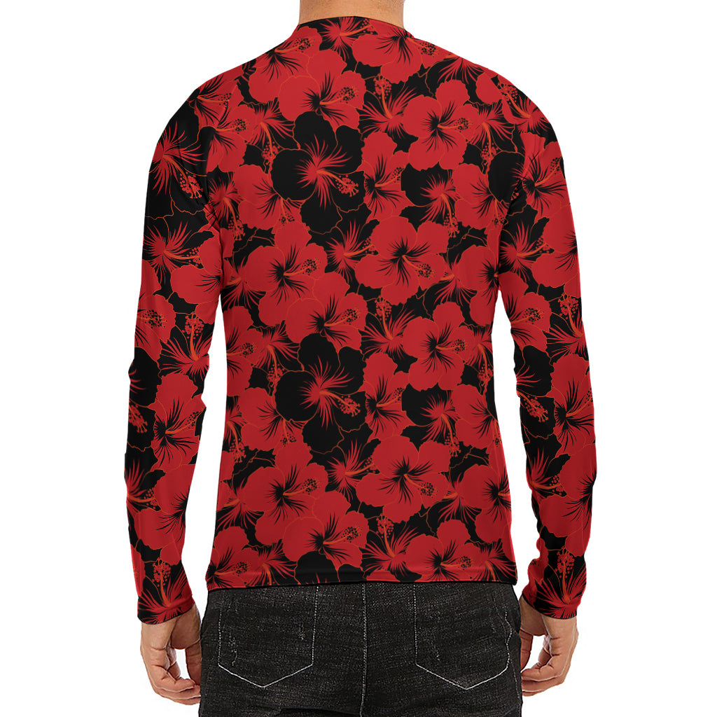 Black And Red Hibiscus Pattern Print Men's Long Sleeve Rash Guard