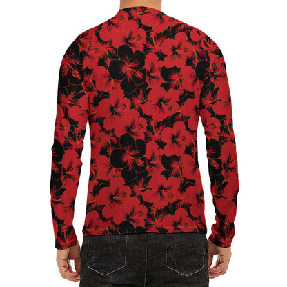 Black And Red Hibiscus Pattern Print Men's Long Sleeve Rash Guard
