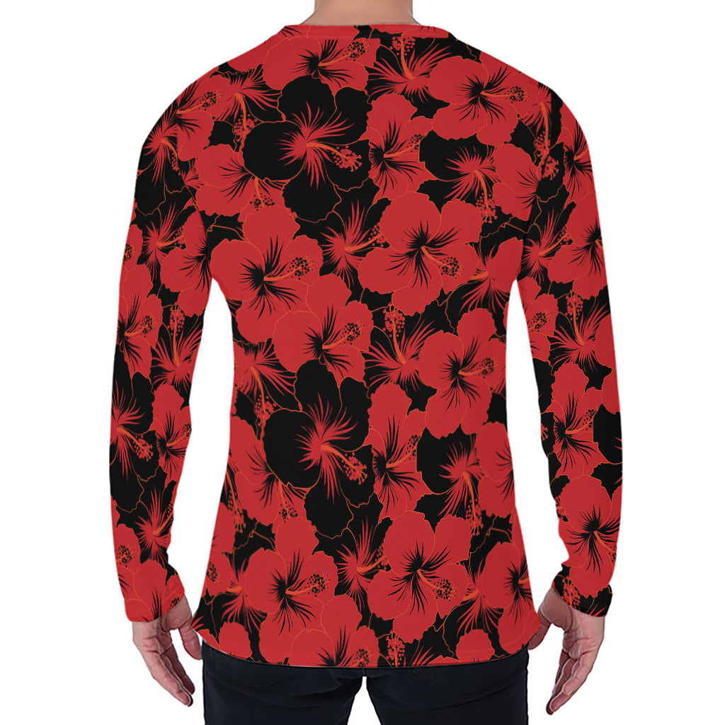 Black And Red Hibiscus Pattern Print Men's Long Sleeve T-Shirt