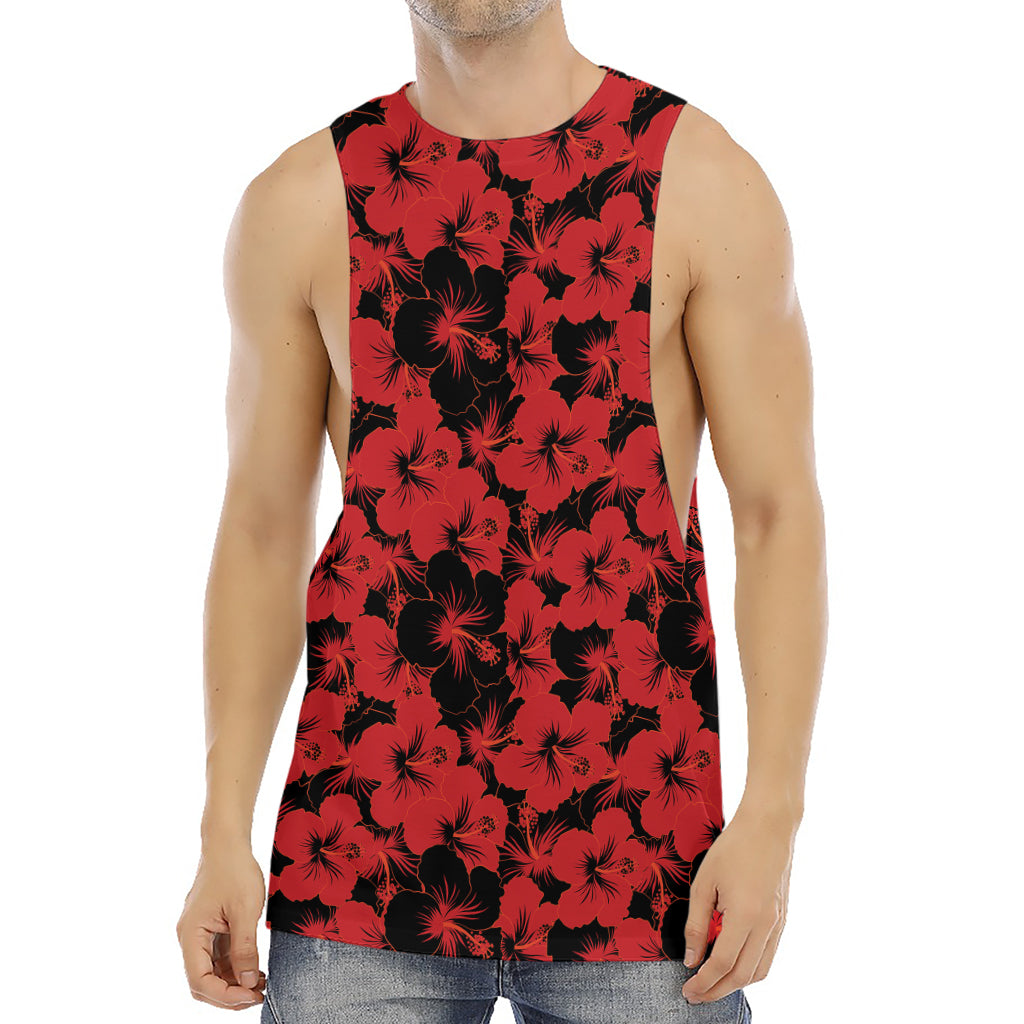 Black And Red Hibiscus Pattern Print Men's Muscle Tank Top
