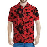 Black And Red Hibiscus Pattern Print Men's Polo Shirt