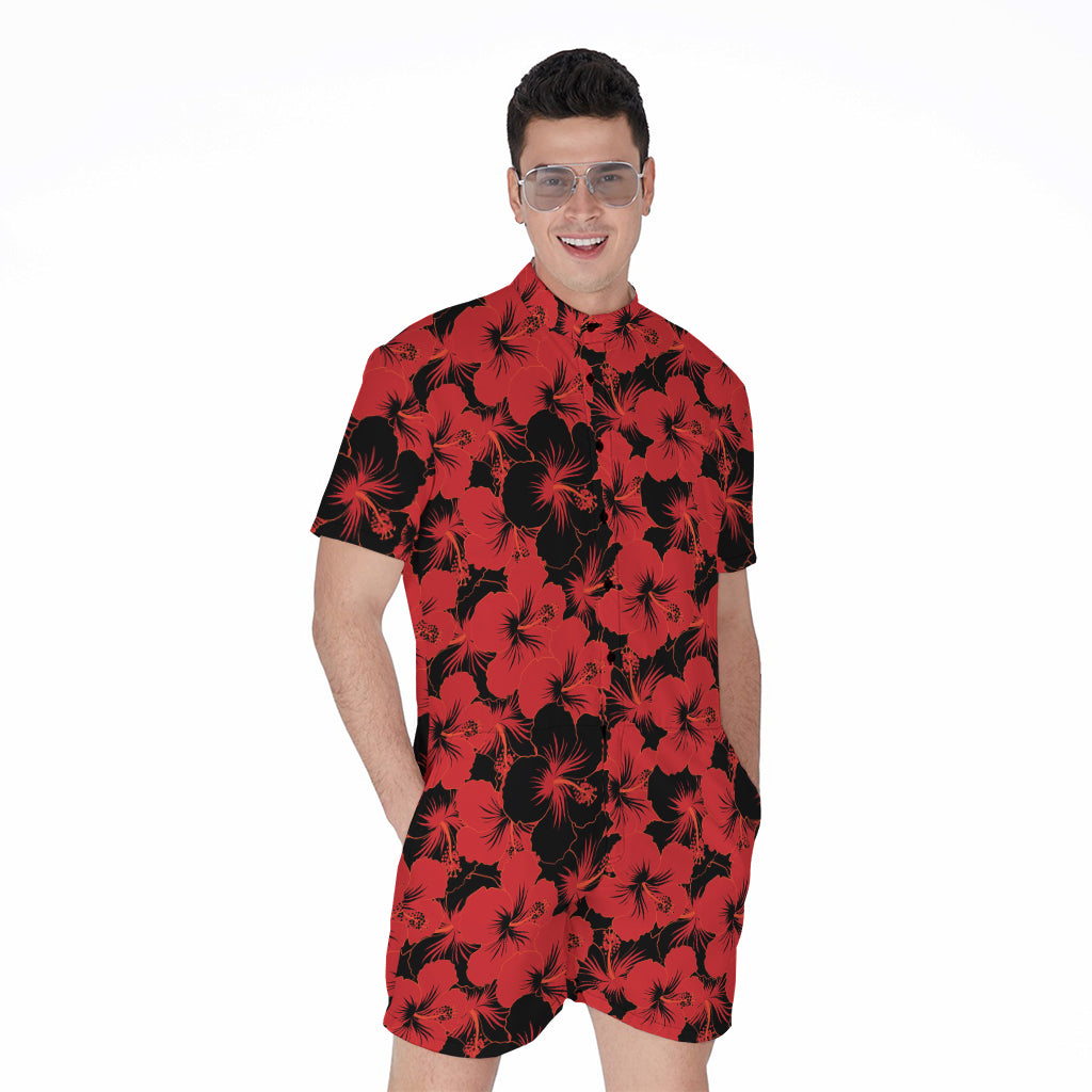 Black And Red Hibiscus Pattern Print Men's Rompers