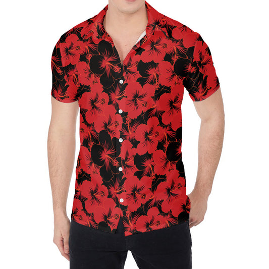 Black And Red Hibiscus Pattern Print Men's Shirt