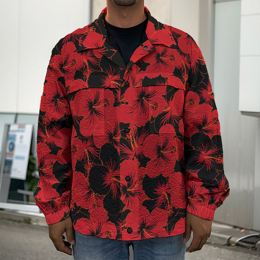 Black And Red Hibiscus Pattern Print Men's Shirt Jacket