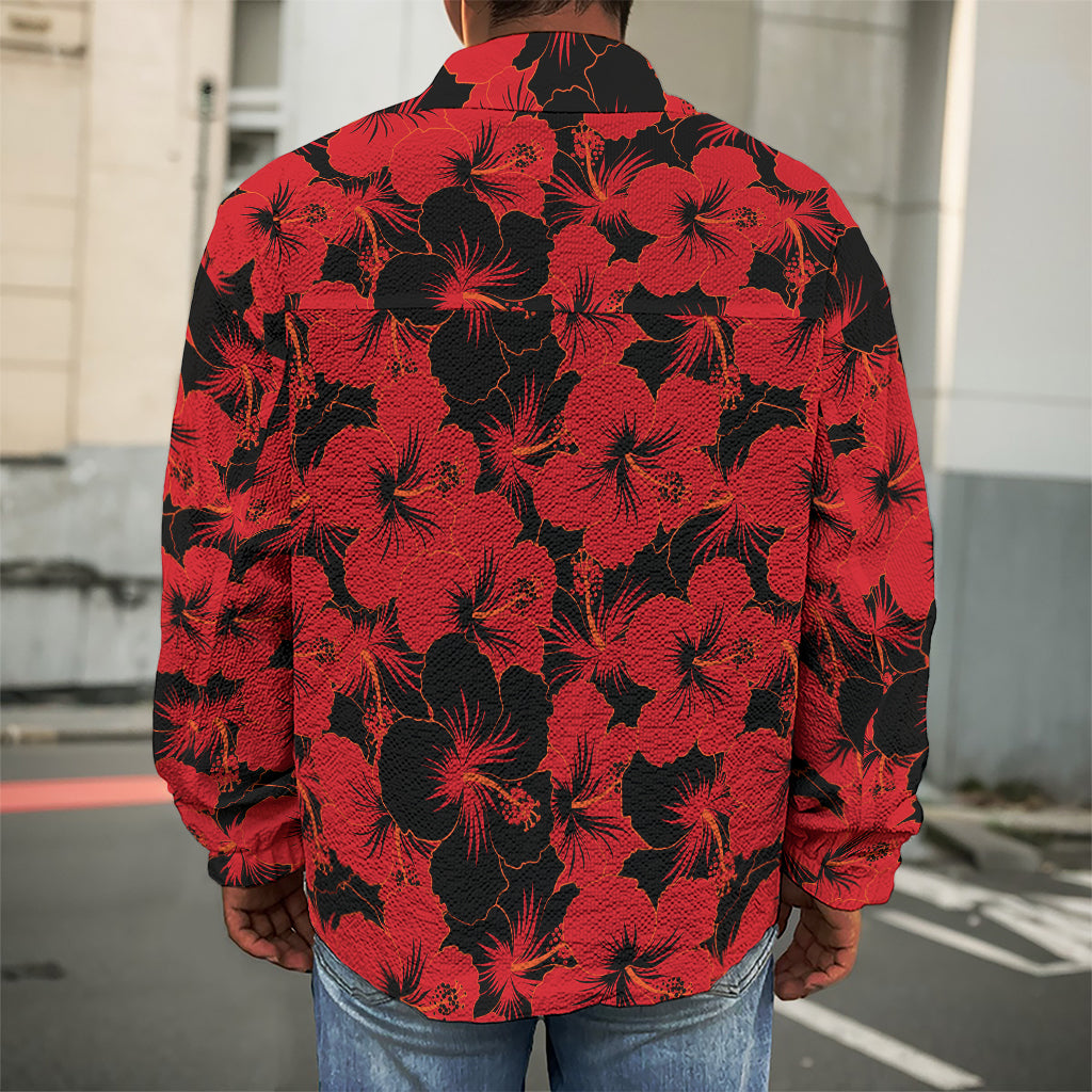 Black And Red Hibiscus Pattern Print Men's Shirt Jacket