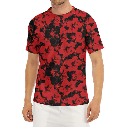 Black And Red Hibiscus Pattern Print Men's Short Sleeve Rash Guard