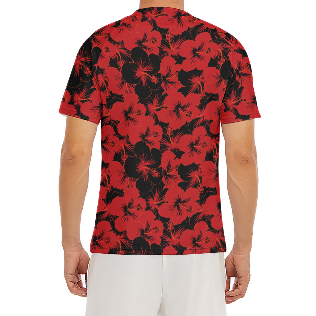 Black And Red Hibiscus Pattern Print Men's Short Sleeve Rash Guard