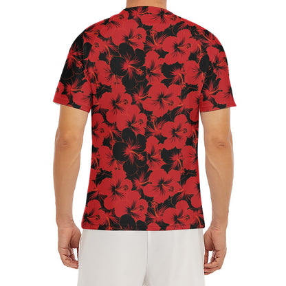 Black And Red Hibiscus Pattern Print Men's Short Sleeve Rash Guard