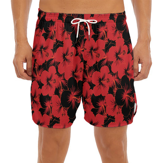 Black And Red Hibiscus Pattern Print Men's Split Running Shorts