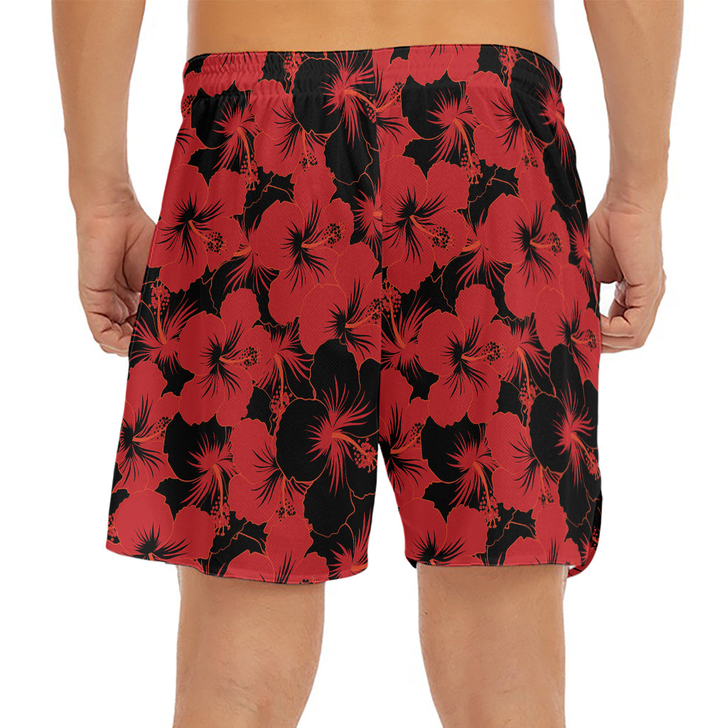 Black And Red Hibiscus Pattern Print Men's Split Running Shorts