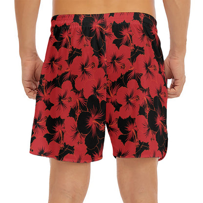 Black And Red Hibiscus Pattern Print Men's Split Running Shorts