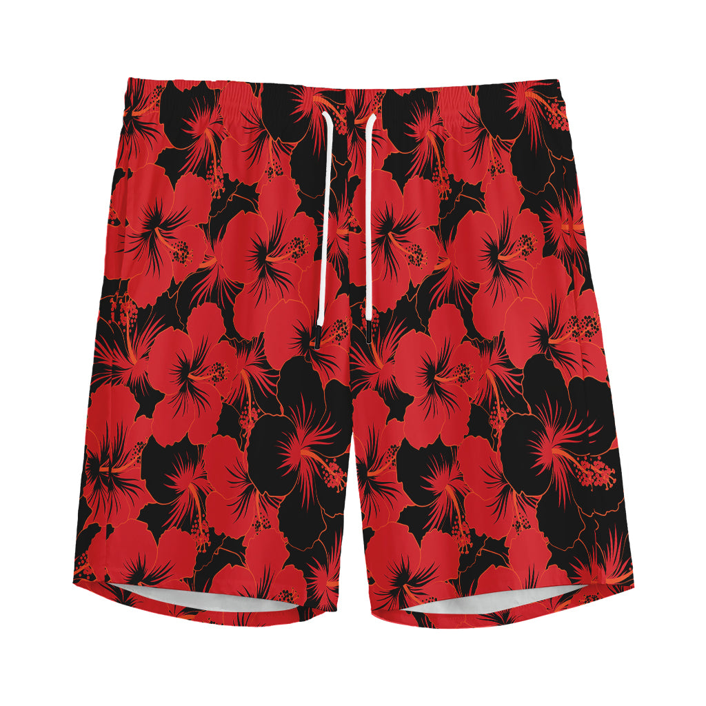 Black And Red Hibiscus Pattern Print Men's Sports Shorts