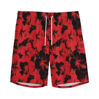 Black And Red Hibiscus Pattern Print Men's Sports Shorts