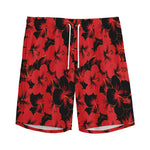 Black And Red Hibiscus Pattern Print Men's Sports Shorts