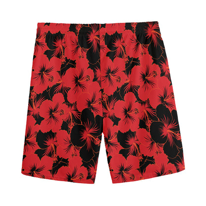 Black And Red Hibiscus Pattern Print Men's Sports Shorts