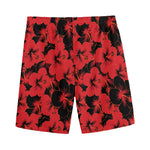 Black And Red Hibiscus Pattern Print Men's Sports Shorts