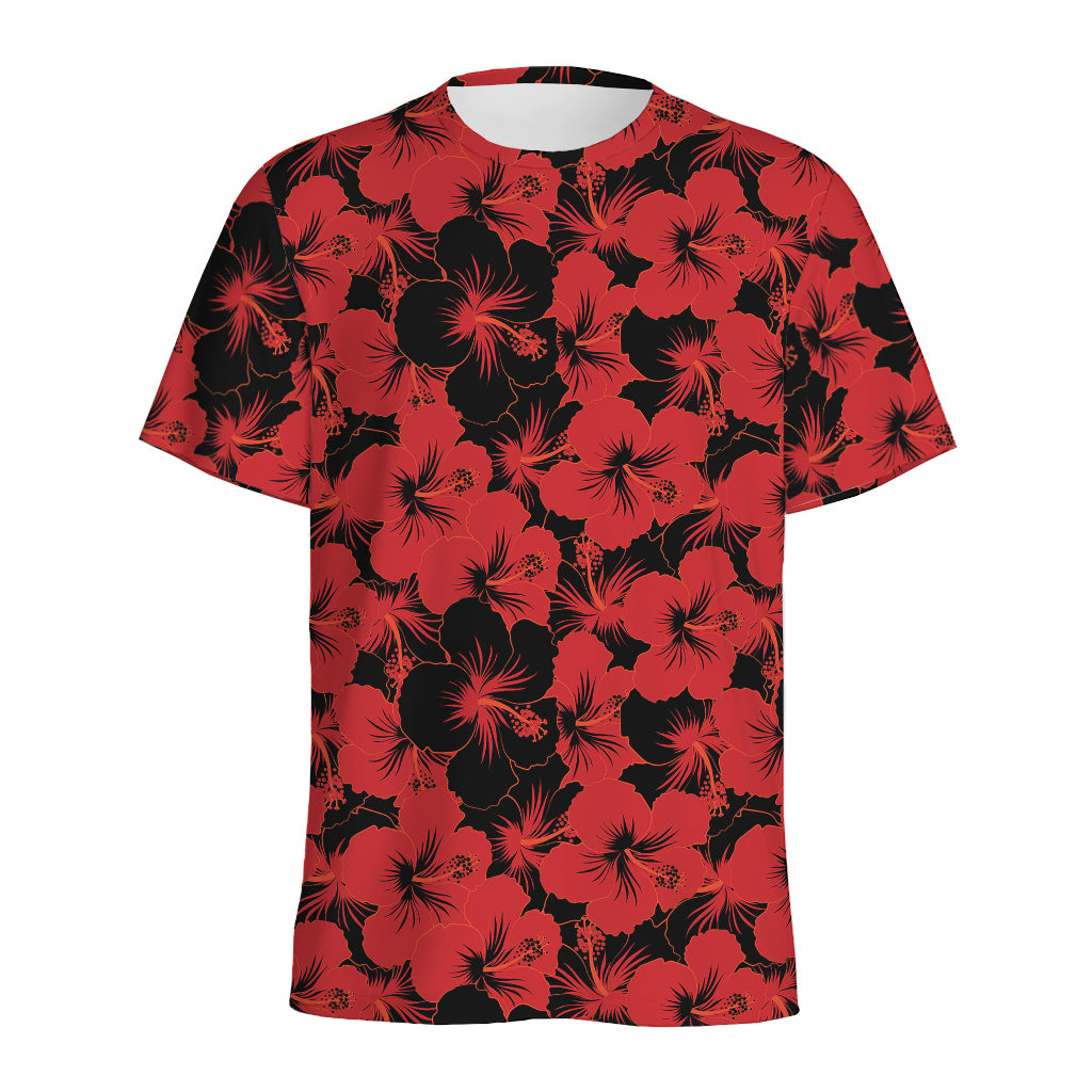 Black And Red Hibiscus Pattern Print Men's Sports T-Shirt