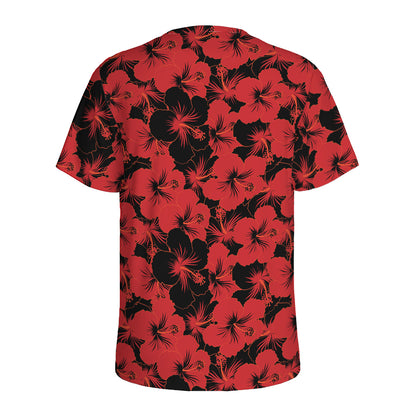 Black And Red Hibiscus Pattern Print Men's Sports T-Shirt