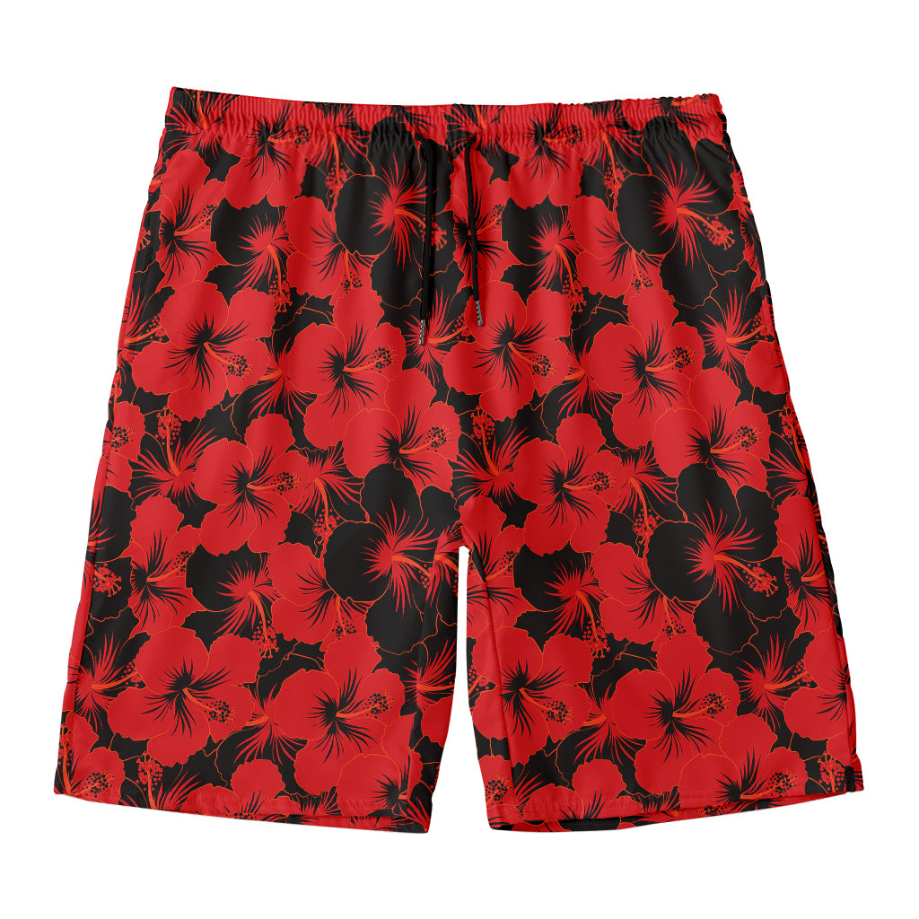 Black And Red Hibiscus Pattern Print Men's Swim Trunks