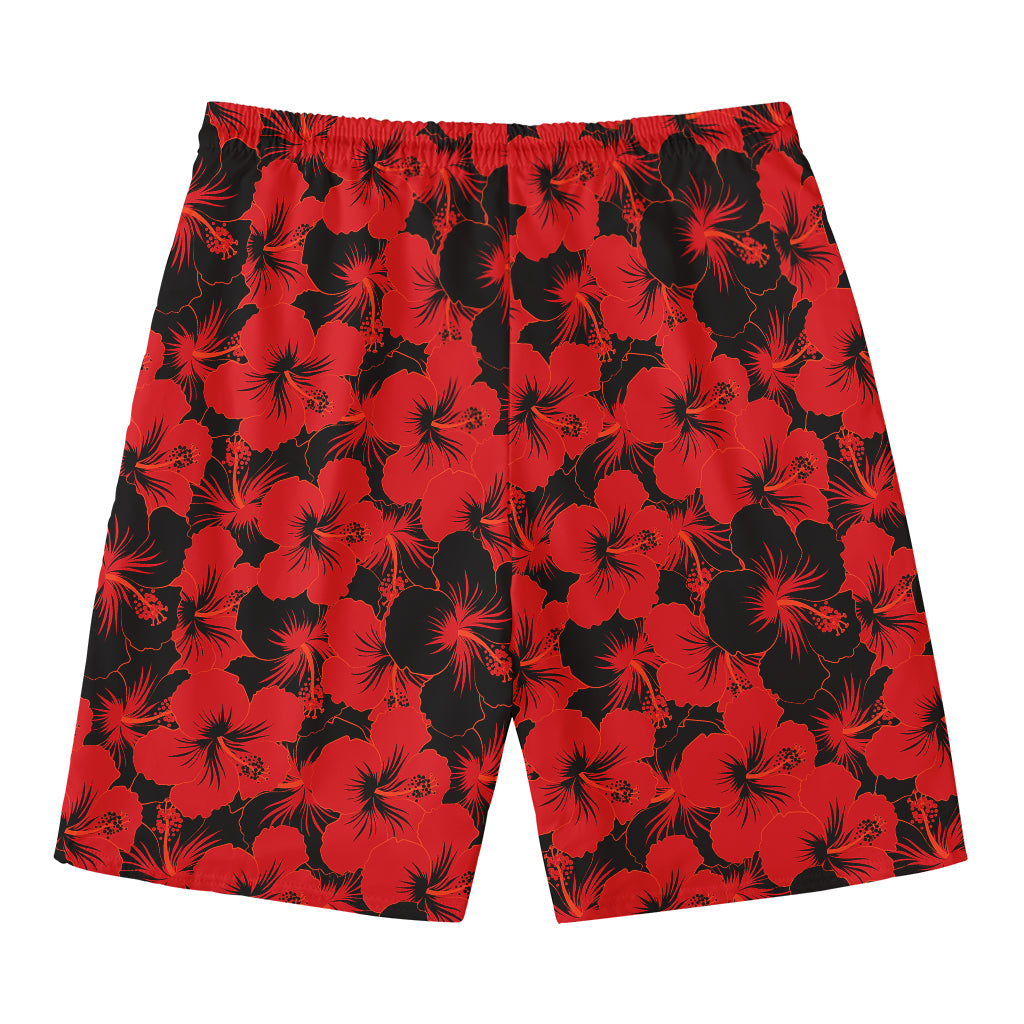 Black And Red Hibiscus Pattern Print Men's Swim Trunks