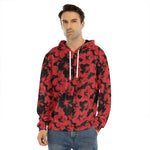 Black And Red Hibiscus Pattern Print Men's Velvet Pullover Hoodie
