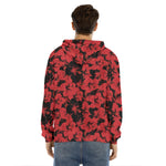 Black And Red Hibiscus Pattern Print Men's Velvet Pullover Hoodie
