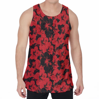 Black And Red Hibiscus Pattern Print Men's Velvet Tank Top