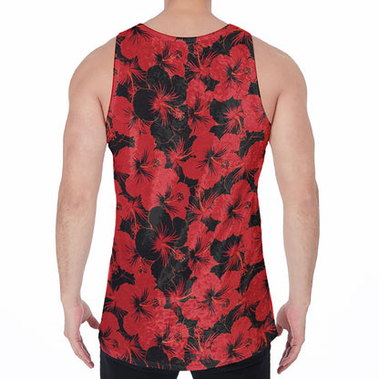 Black And Red Hibiscus Pattern Print Men's Velvet Tank Top