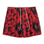 Black And Red Hibiscus Pattern Print Mesh Shorts