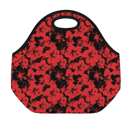 Black And Red Hibiscus Pattern Print Neoprene Lunch Bag