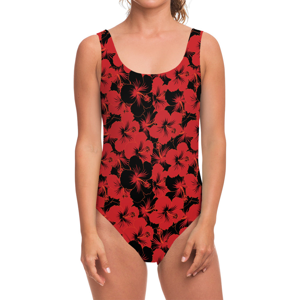 Black And Red Hibiscus Pattern Print One Piece Swimsuit