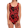 Black And Red Hibiscus Pattern Print One Piece Swimsuit