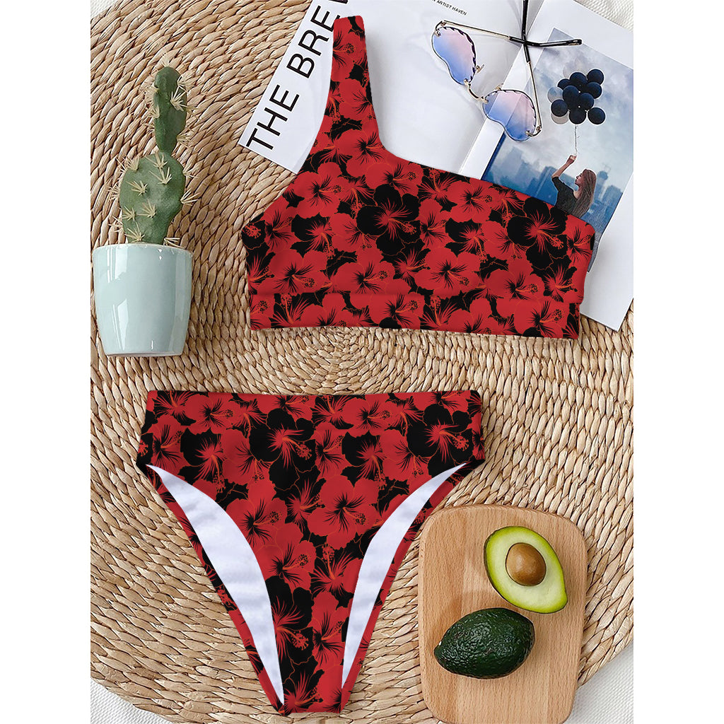 Black And Red Hibiscus Pattern Print One Shoulder Bikini Top