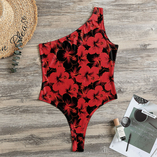 Black And Red Hibiscus Pattern Print One Shoulder Bodysuit