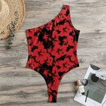 Black And Red Hibiscus Pattern Print One Shoulder Bodysuit