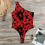 Black And Red Hibiscus Pattern Print One Shoulder Bodysuit