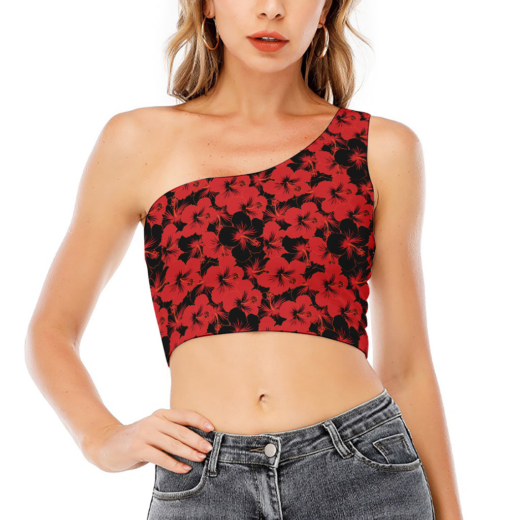 Black And Red Hibiscus Pattern Print One Shoulder Crop Top