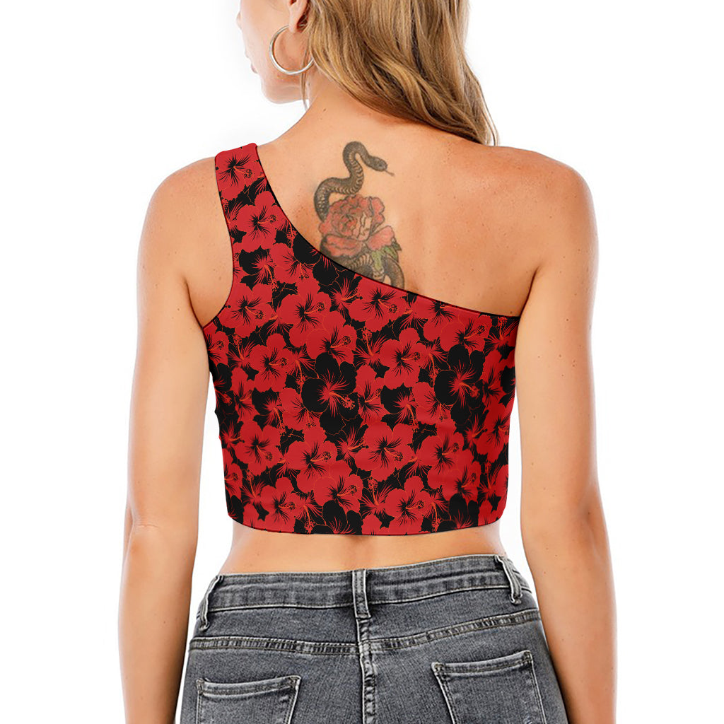 Black And Red Hibiscus Pattern Print One Shoulder Crop Top