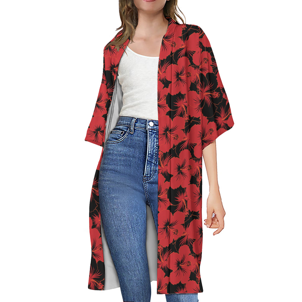Black And Red Hibiscus Pattern Print Open Front Beach Cover Up