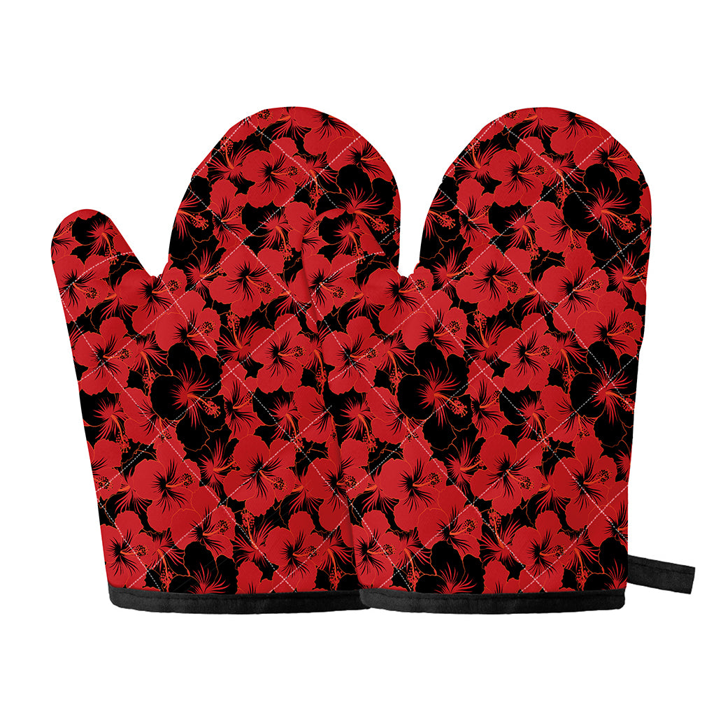 Black And Red Hibiscus Pattern Print Oven Mitts