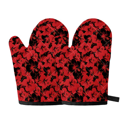 Black And Red Hibiscus Pattern Print Oven Mitts