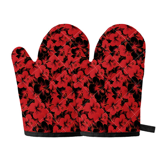 Black And Red Hibiscus Pattern Print Oven Mitts