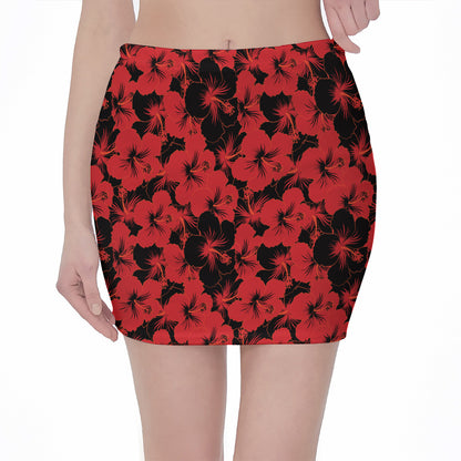 Black And Red Hibiscus Pattern Print Pencil Mini Skirt