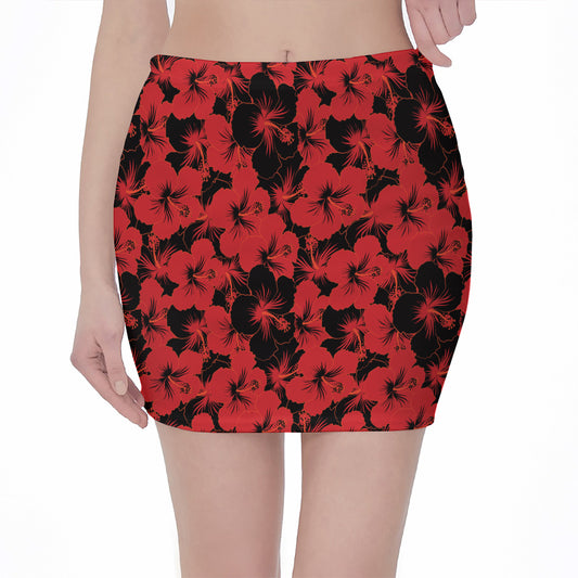 Black And Red Hibiscus Pattern Print Pencil Mini Skirt