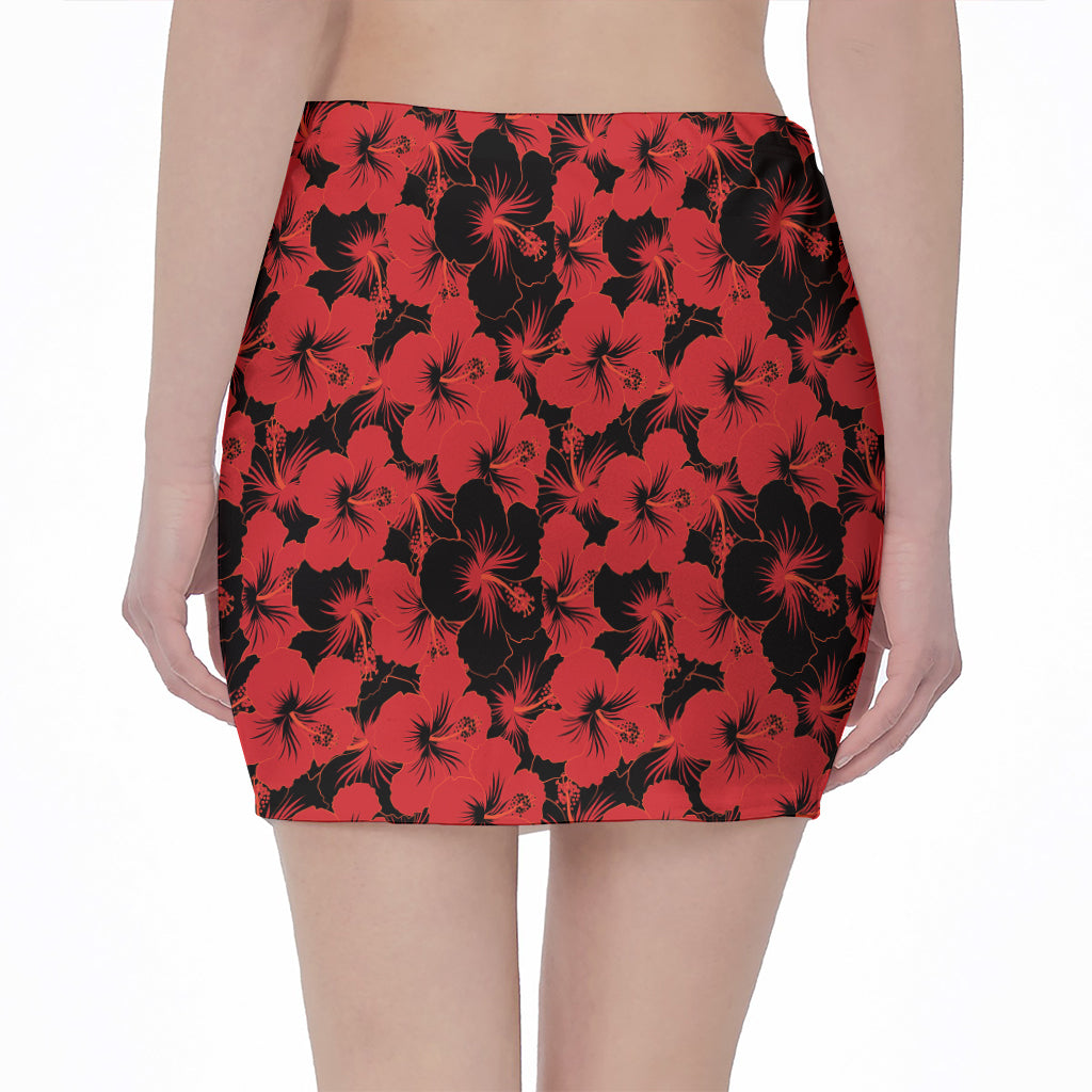 Black And Red Hibiscus Pattern Print Pencil Mini Skirt